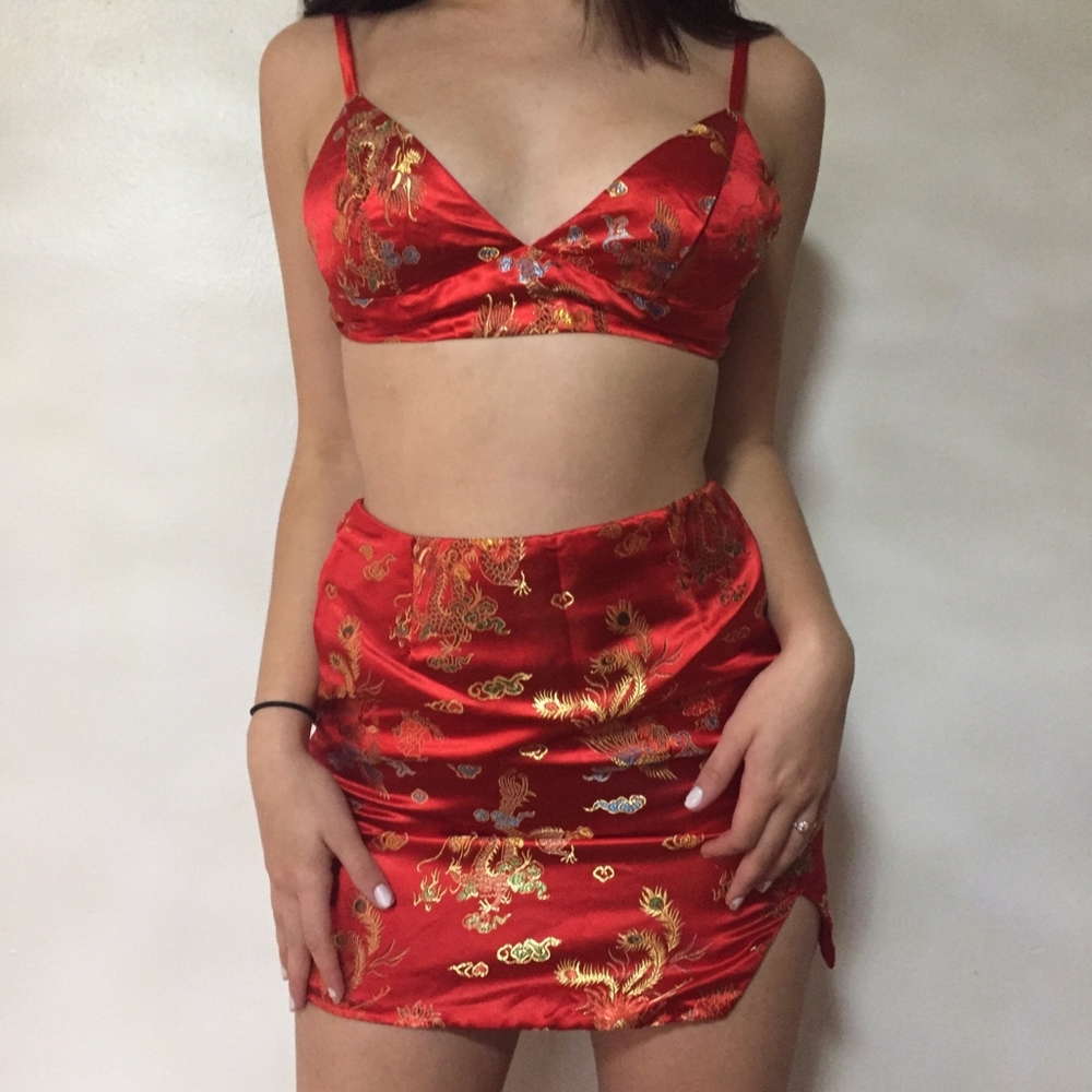Red Asian/Oriental satin crop top skirt set
